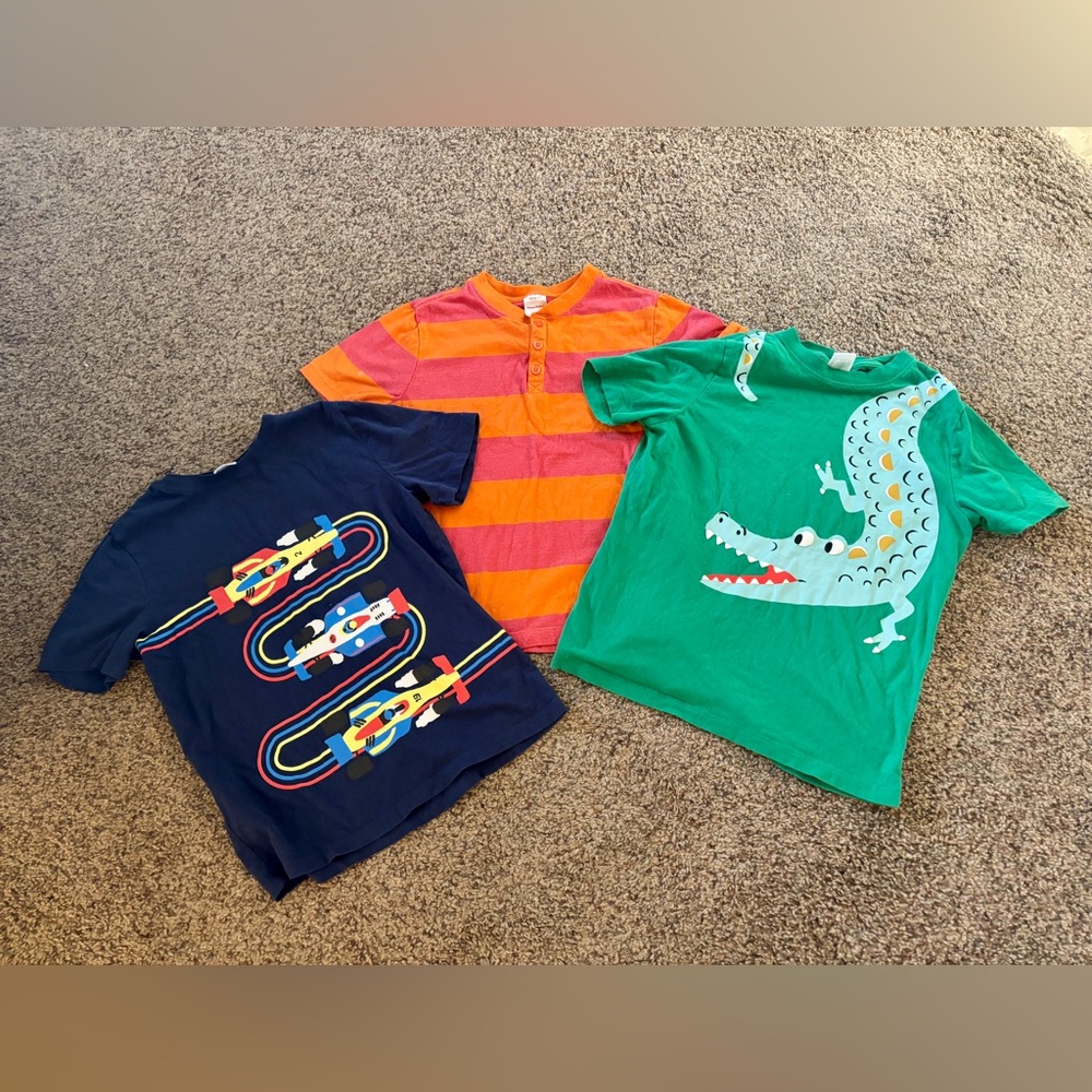 3 Hanna Andersson Shirts: Orange Striped, Navy Race Car, and Alligator
